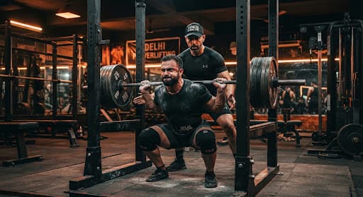 Personal trainer coaching squat